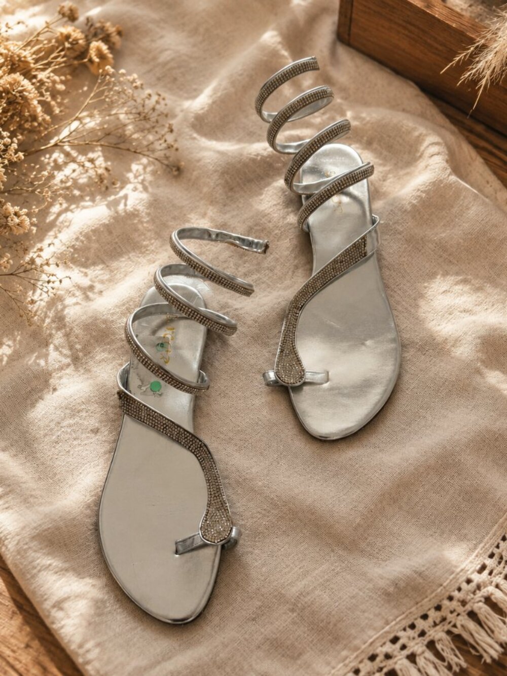 Spiral Silver Embellished Sandals — Size 9